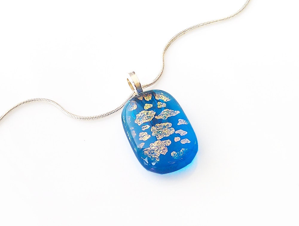 Necklace, Blue, Gold Dichroic Pendant, Fused Glass Jewelry, Animal Print