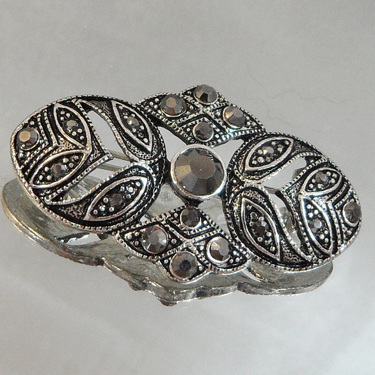 Vintage Victorian Revival Brooch. Smoky Hematite Rhinestones.