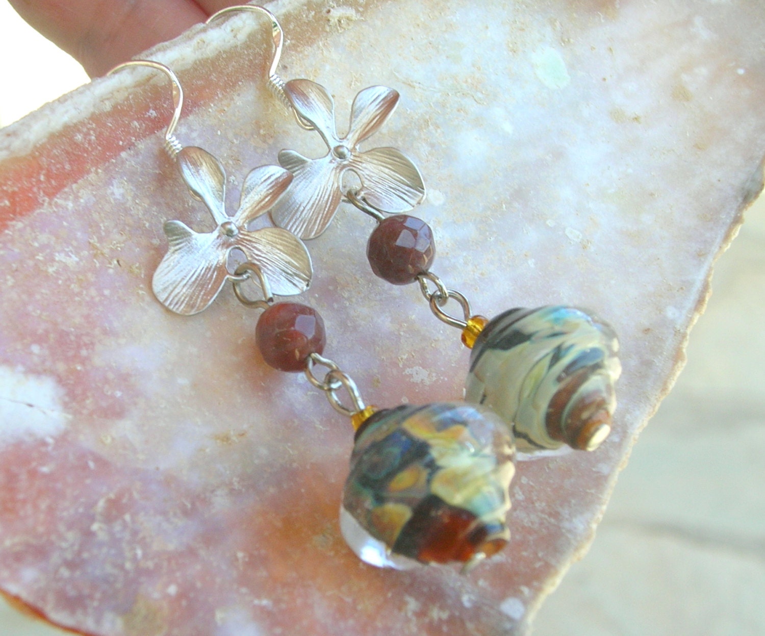 Lampwork Earrings with Lampwork Beads Brown Baroque Raku Artisan Lampwork Jewelry Gift for Her