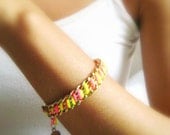 Standing out - trendy neon fuchsia yellow  golden chains bohemian bracelet