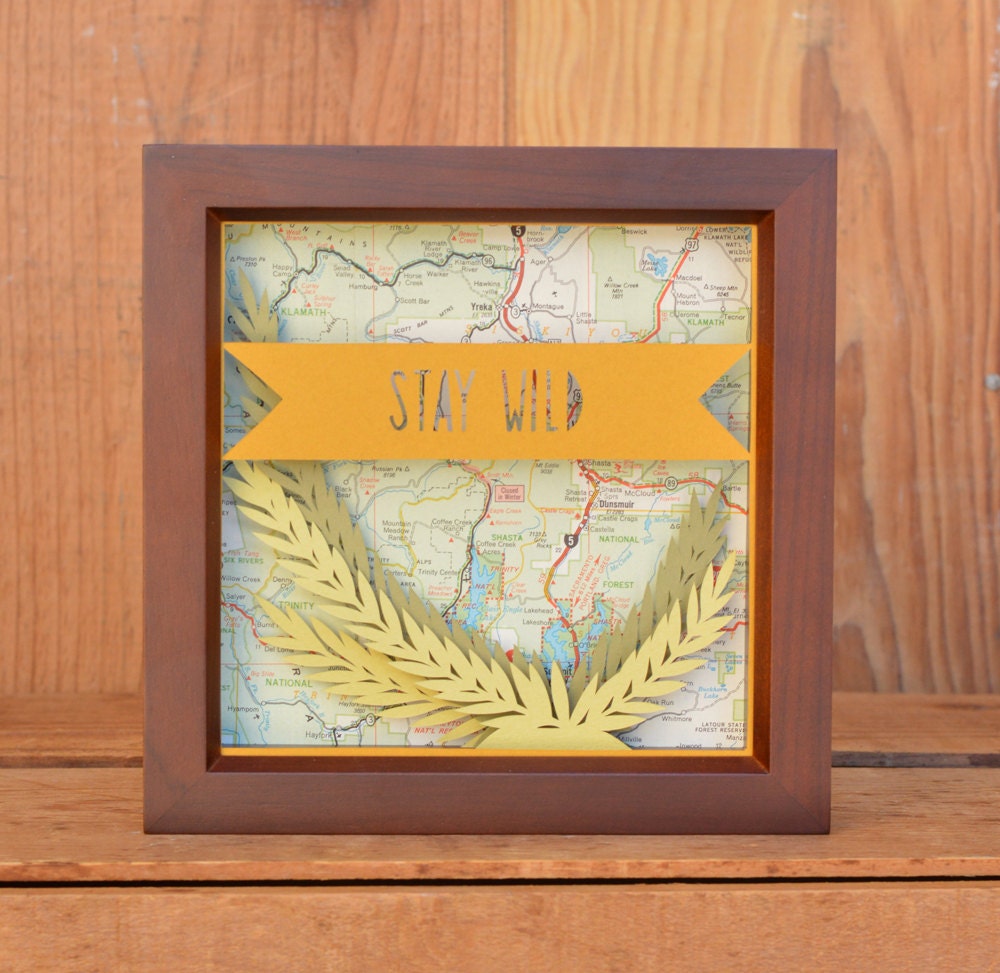 stay wild . 5 x 5 . cut paper shadow box . branches & banner