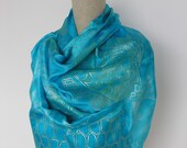 Silk scarf with fishes- shawl- turquoise- silver- green- hand paint and dyed- luxurious- elegant- romantic- summer- vacations- water-fishes.