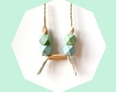 Mint & Blue Wood Hedron Bead Geometric Necklace / Gold beads / Antique porcelain doll arms / Statement necklace