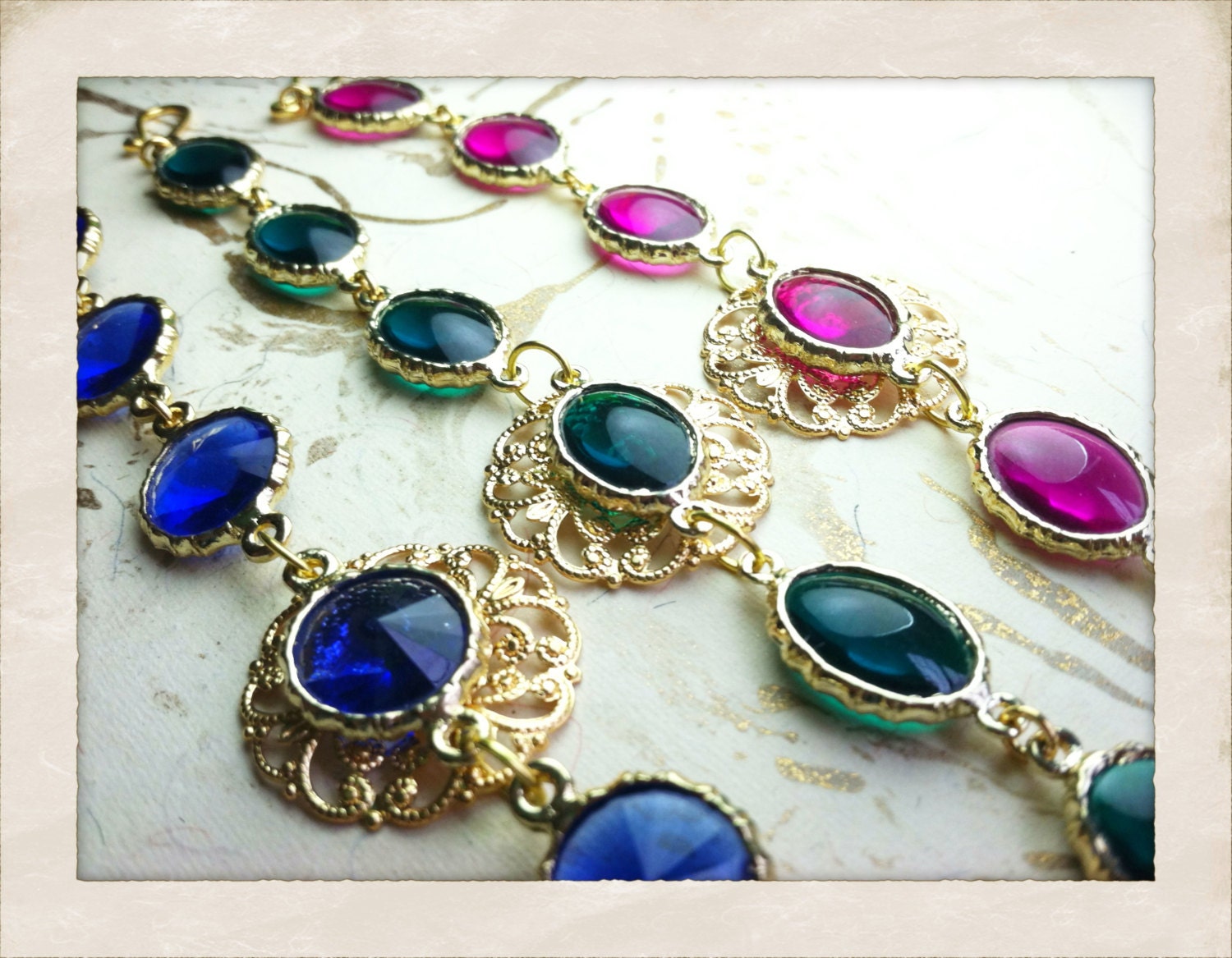 Gold Bracelet Filigree Green Blue Fuschia by MinouBazaar