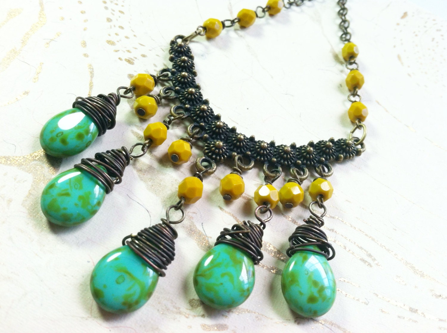 Bohemian Green Necklace Mustard Yellow Antiqued Brass Pendant