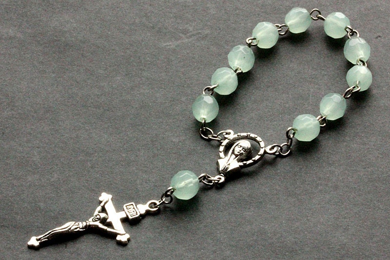 Aqua Green Pocket Rosary. Crystal Rosary. Aqua Green Rosary with Silver Accents. Handmade Rosary.