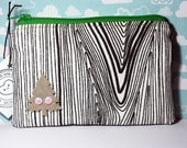Zipper pouch, coin purse, pouch - Woodgrain with felt little tree with googly eyes
