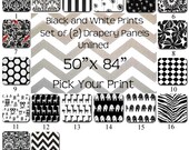 FREE U.S. SHIPPING  - Set of Two 50x84 inch Designer Rod Pocket-Clip Ring Drapery Panels. Black and White Prints - Unlined.