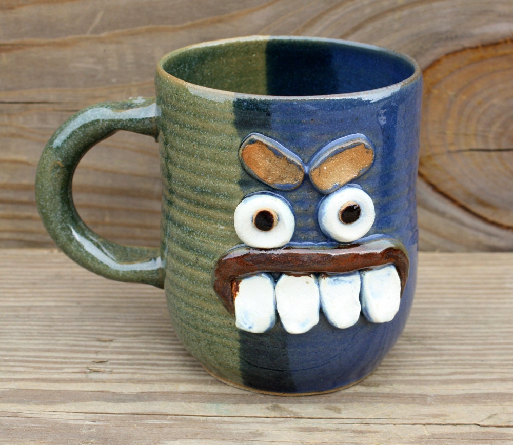 Confused Coffee Cup. NEW GLAZE in Green and Blue. 16 Ounce Mug. Handmade Stoneware Pottery