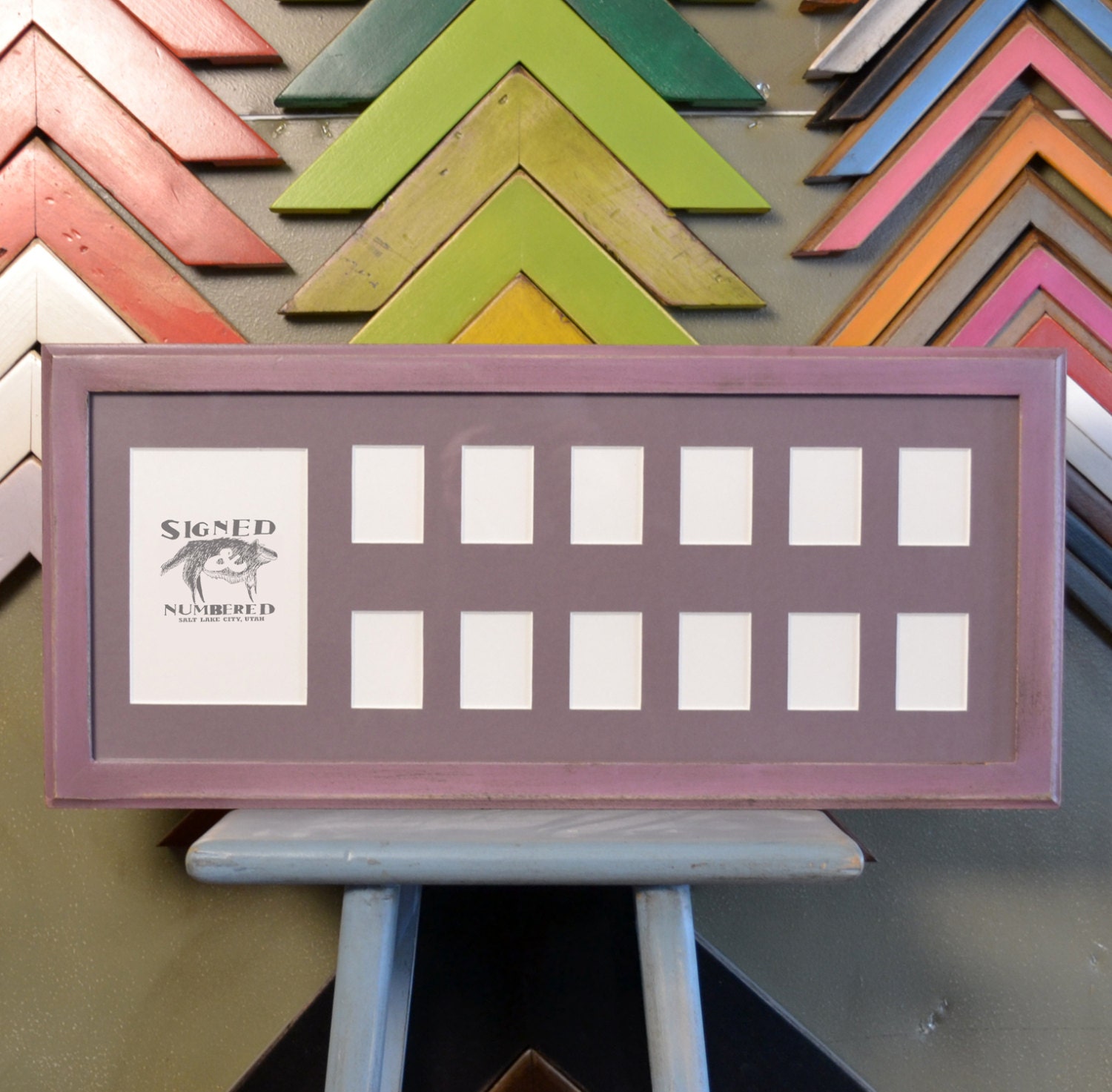 7.5x18" School Days Frame w Mat Openings for (1) 3.5x5 and (12) 1.5x2" Photos in 1x1Cove Style and Vintage Violet Finish - SAME DAY SHIPPING