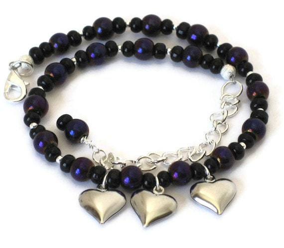 Purple and Silver Heart Charm Anklet, Gift for Women, Gifts Under 25, Last Minute, Gift Wrapped, Beach Summer Jewlery