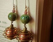 Space Odyssey Earrings -- Super-Cool Vintage Copper/Gold Pendants, Porcelain Beads, Copper Stardust Beads, & Handcrafted 14k GF Ear Wires