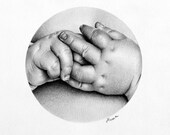 Pencil Drawing  Fine Art Print Signed by Artist Baby Hands