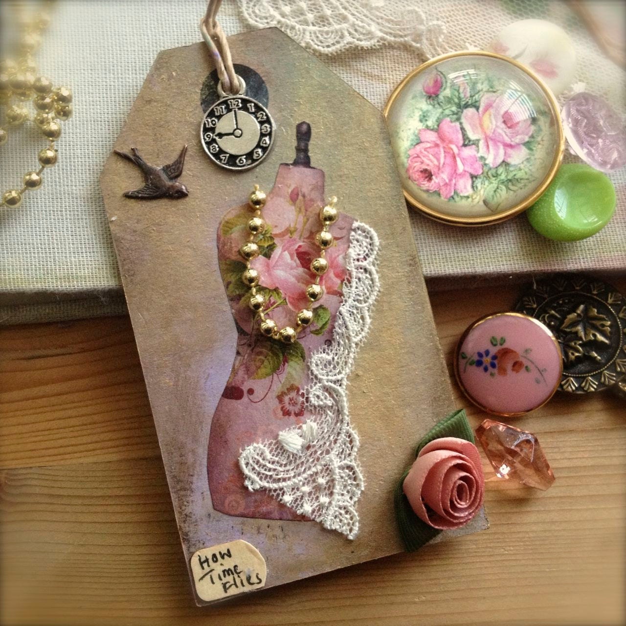 Art Tag Bookmark Mixed Media Tag Shabby Whimsical Pink Floral Vintage Inspired - How Time Flies