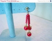 ON SALE Vintage Glass Bead Earrings, Celebrity Designer Signed  red glass chain dangle clip on earrings vintage jewelry jewellery