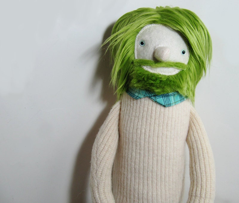 Green Haired Plush Boyfriend Man Doll in White Sweater