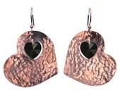 Copper Heart Earrings hammered copper hearts available with black, air blue opal, blue zircon or red hearts you choose crystal