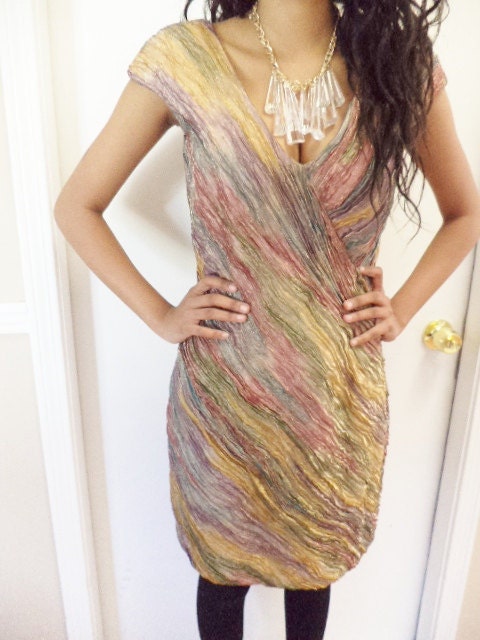 CLOSING SALE vintage  rare mosaic rouched silk multi colored 60s  red carpet mini dress size xs