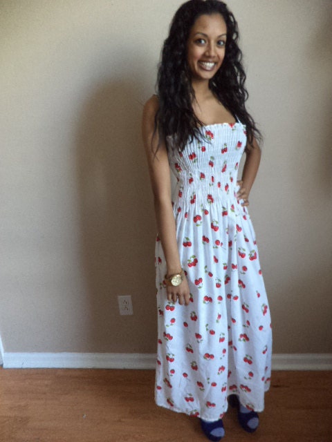 CLOSING SALE Vintage cherry spring  tube dress size xs sm or med elastic waist