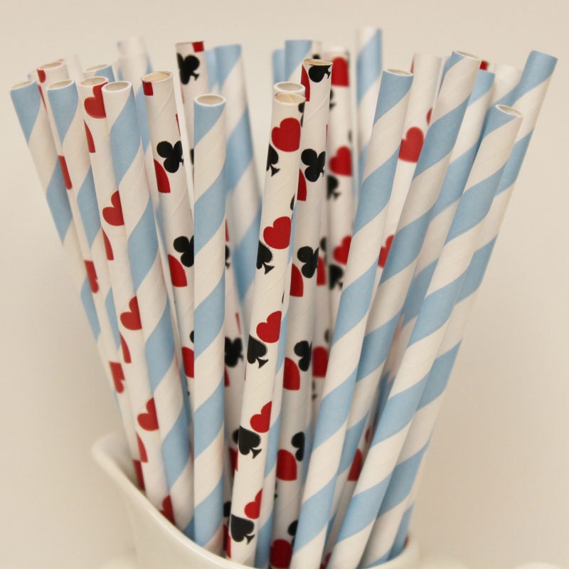 Alice In Wonderland Paper Straws, 30 Assorted Paper Drinking Straws with DIY Flags, Mad Hatter, Queen of Hearts, Princess, Tea Party