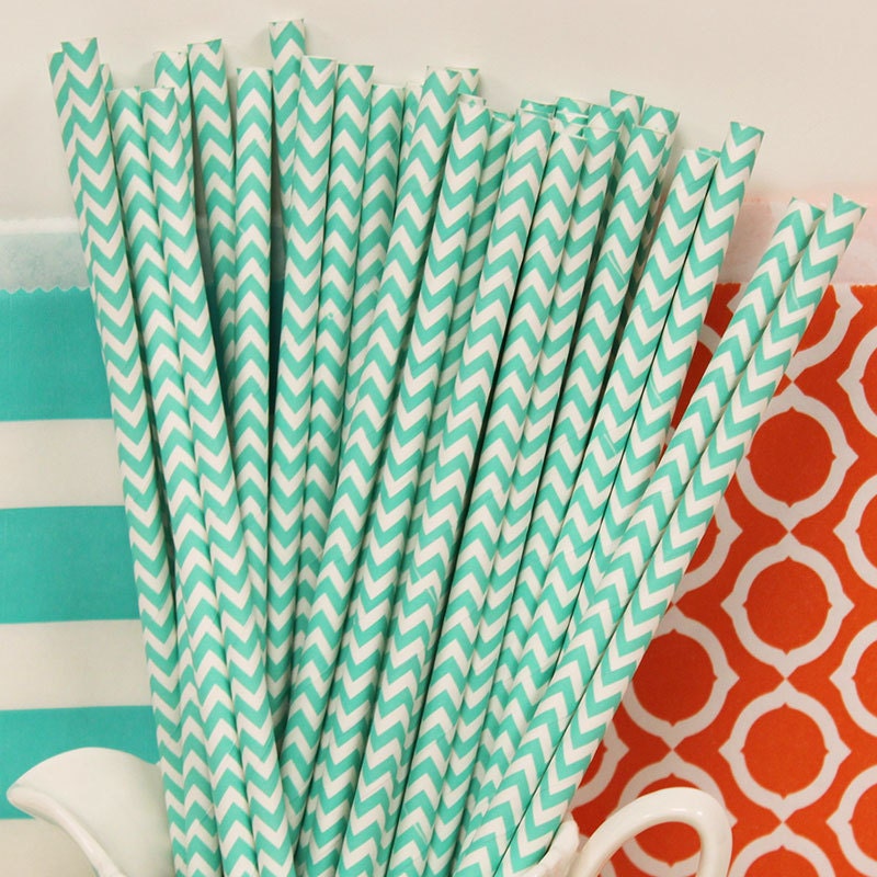CHEVRON PAPER STRAWS, 25 Aqua Chevron Straws with Diy Flags, Pool parties,Birthday, Weddings, Graduation
