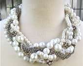 Chunky Pearl and Rhinestone Wedding Necklace Huge White Pearl Bridal Statement For Vintage Wedding - The Blondie 5