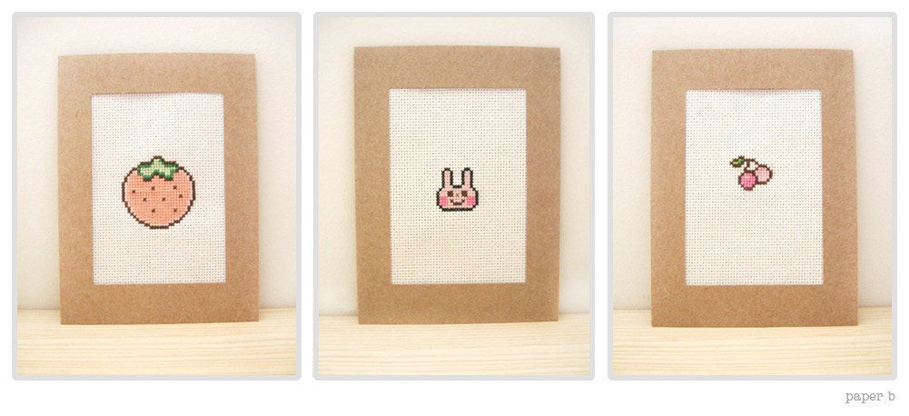 Fruits and Bunny Cross Stitch in Paper Kraft Frame - Pink Series