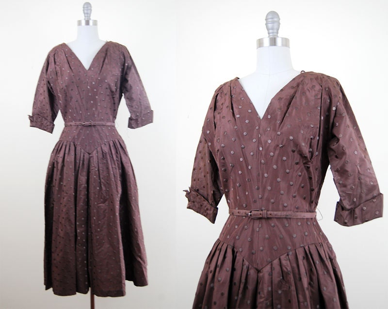 1940s party dress / chocolate swiss dot taffeta