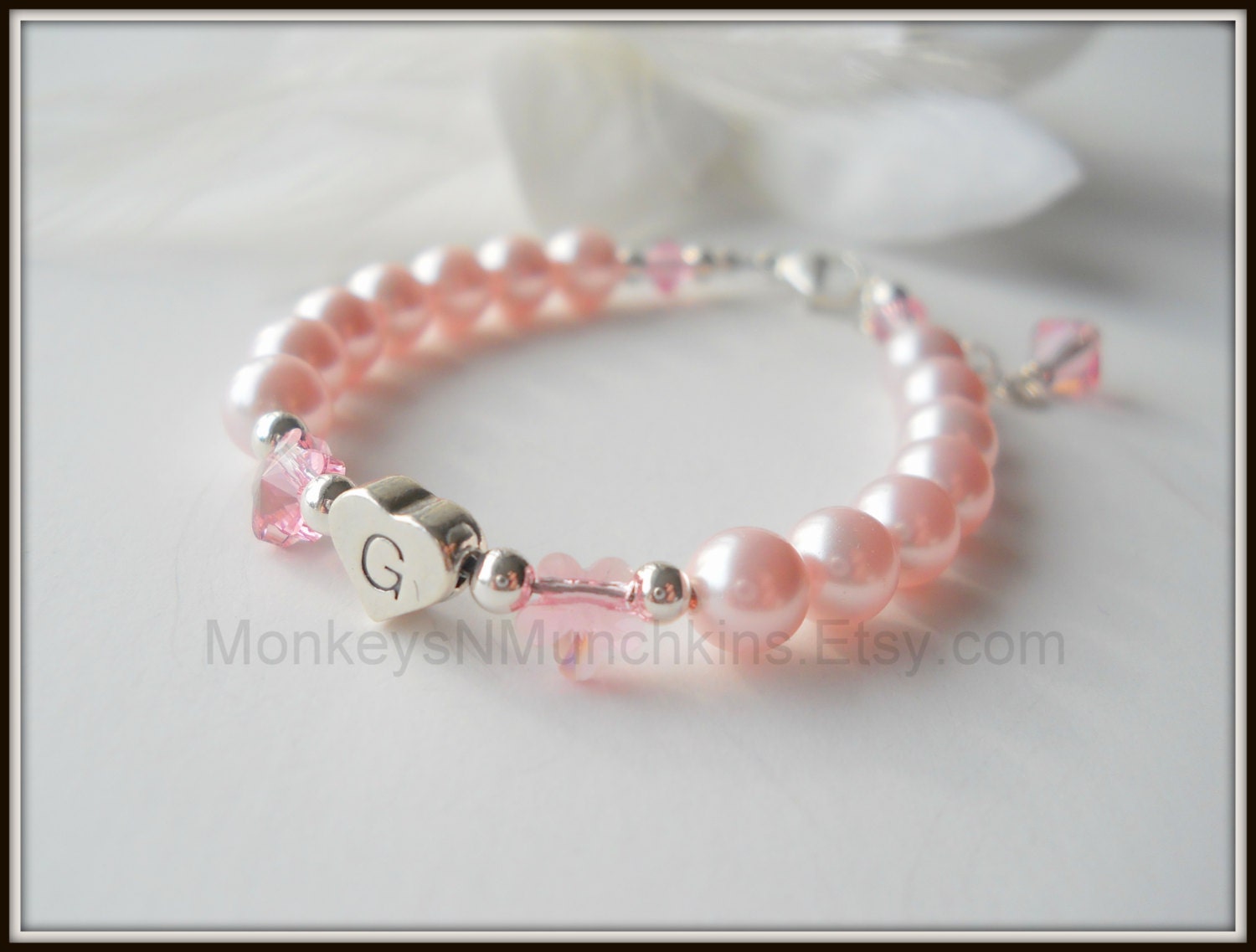 Sterling Heart Initial Bracelet with Swarovski Flowers and Pearls B097