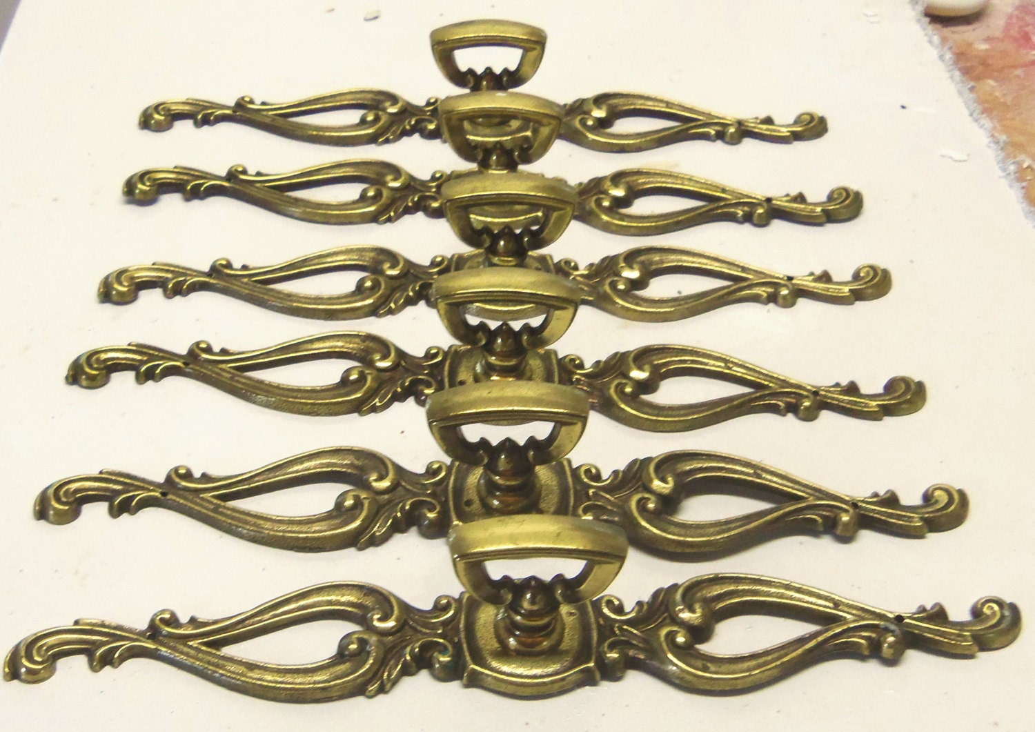 6 Antique Vintage Knob Backplate Trimplate Solid Brass Pull 8.25 Inch x 1.25 Set of 6