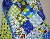 Baby Owl Quilt, Patchwork Baby Boy Quilt, Chevron, Monkey Quilt, Turtle Quilt, Blue and Lime Green