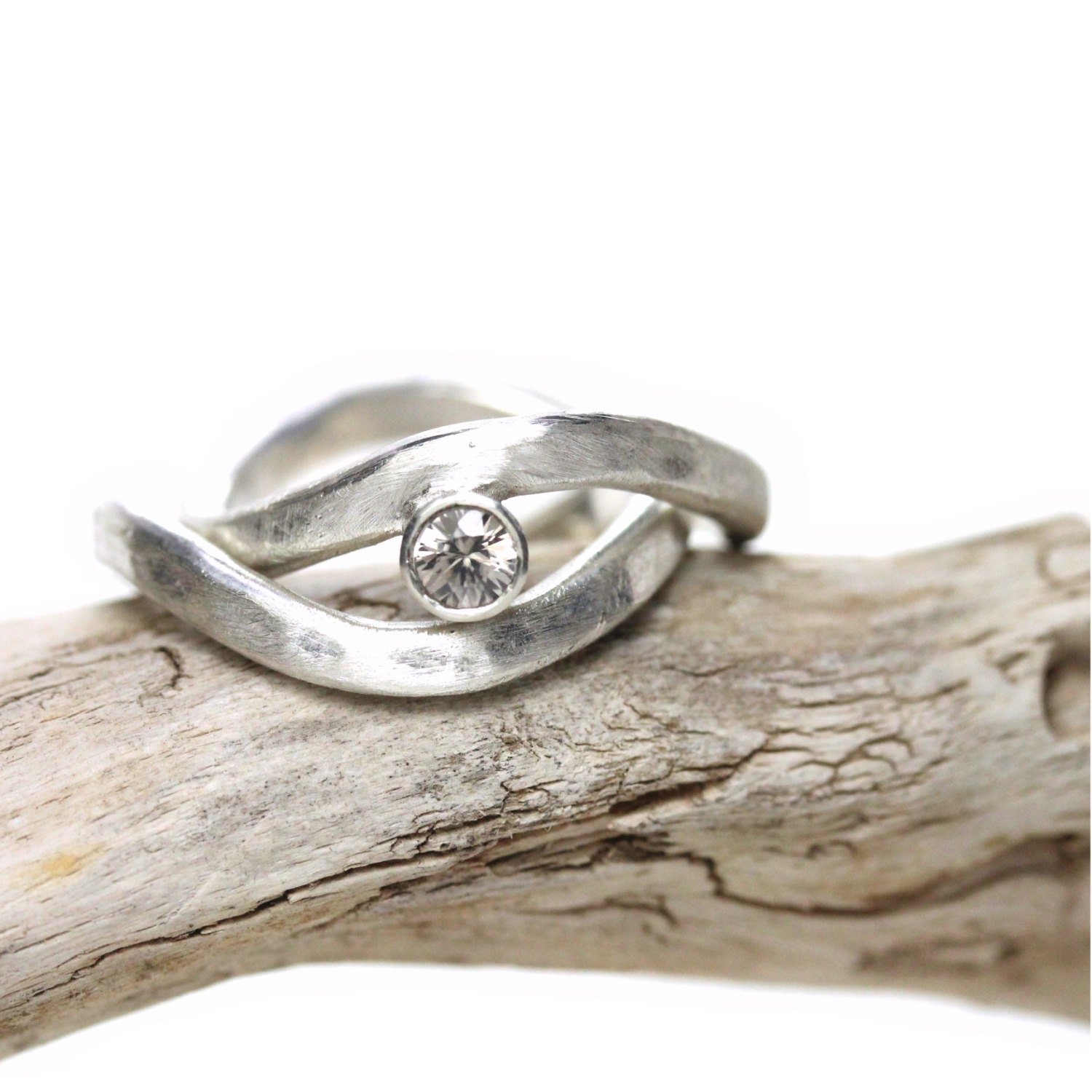 Silver Gray Zircon Wave Wedding Ring Set - Two Waves in the Storm - NangijalaJewelry