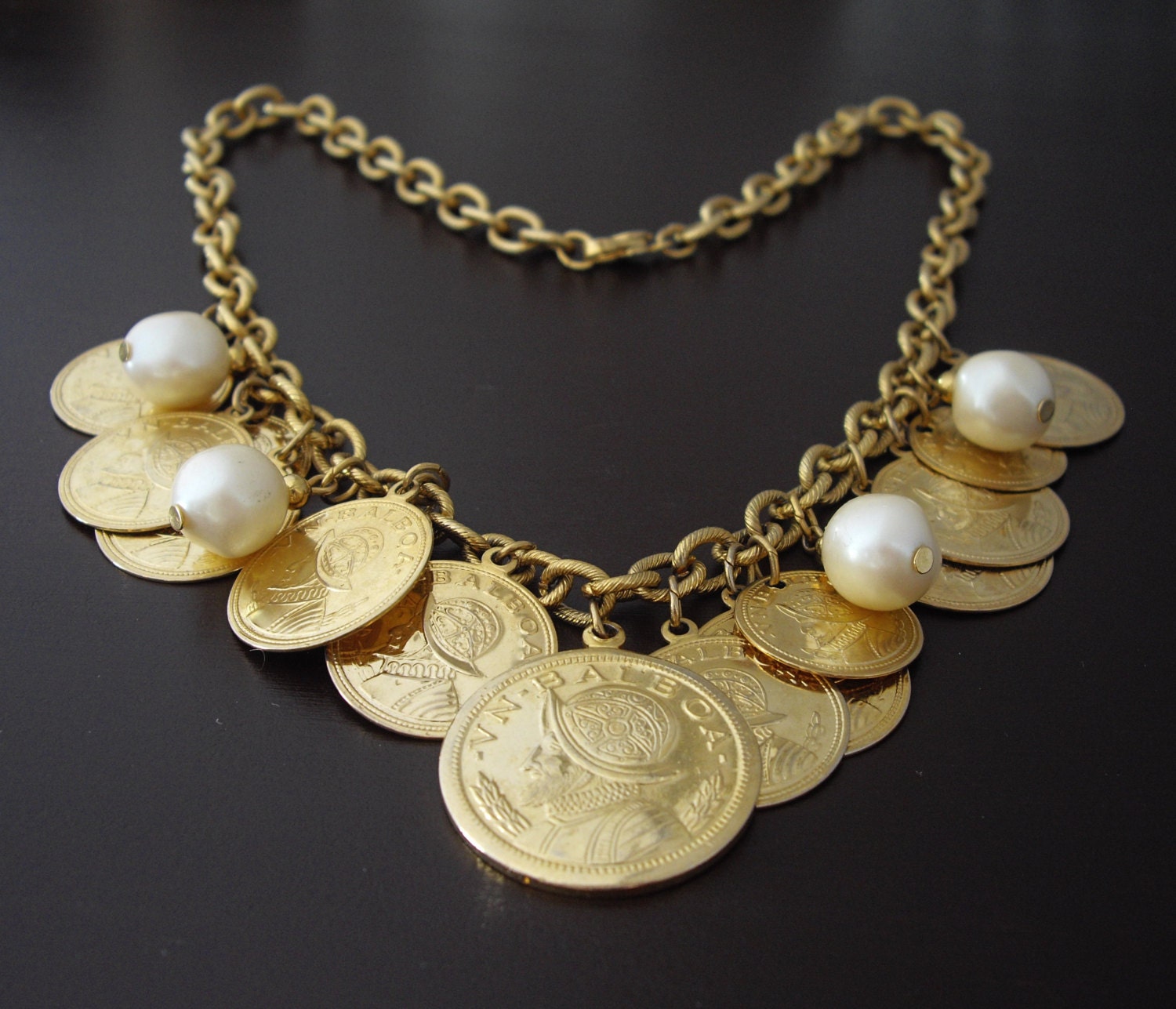 Vintage Faux Coin Necklace, Faux Balboa Coin Necklace, Gypsy Necklace, Gold Necklace