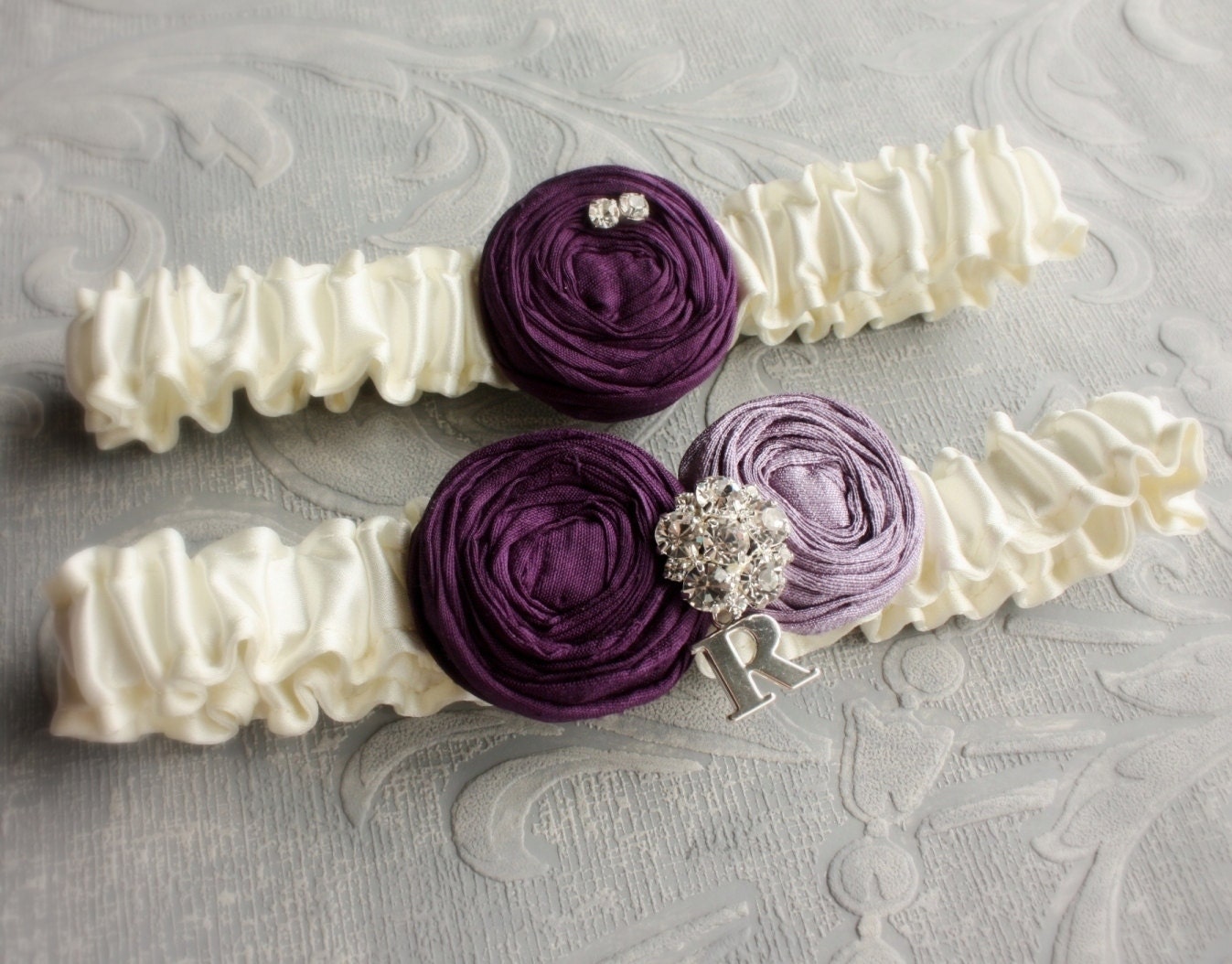 Wedding Garter SET with Your Initial - Ivory with Purple Roses (or choose your wedding colors)  - the Lucia Bridal Garter
