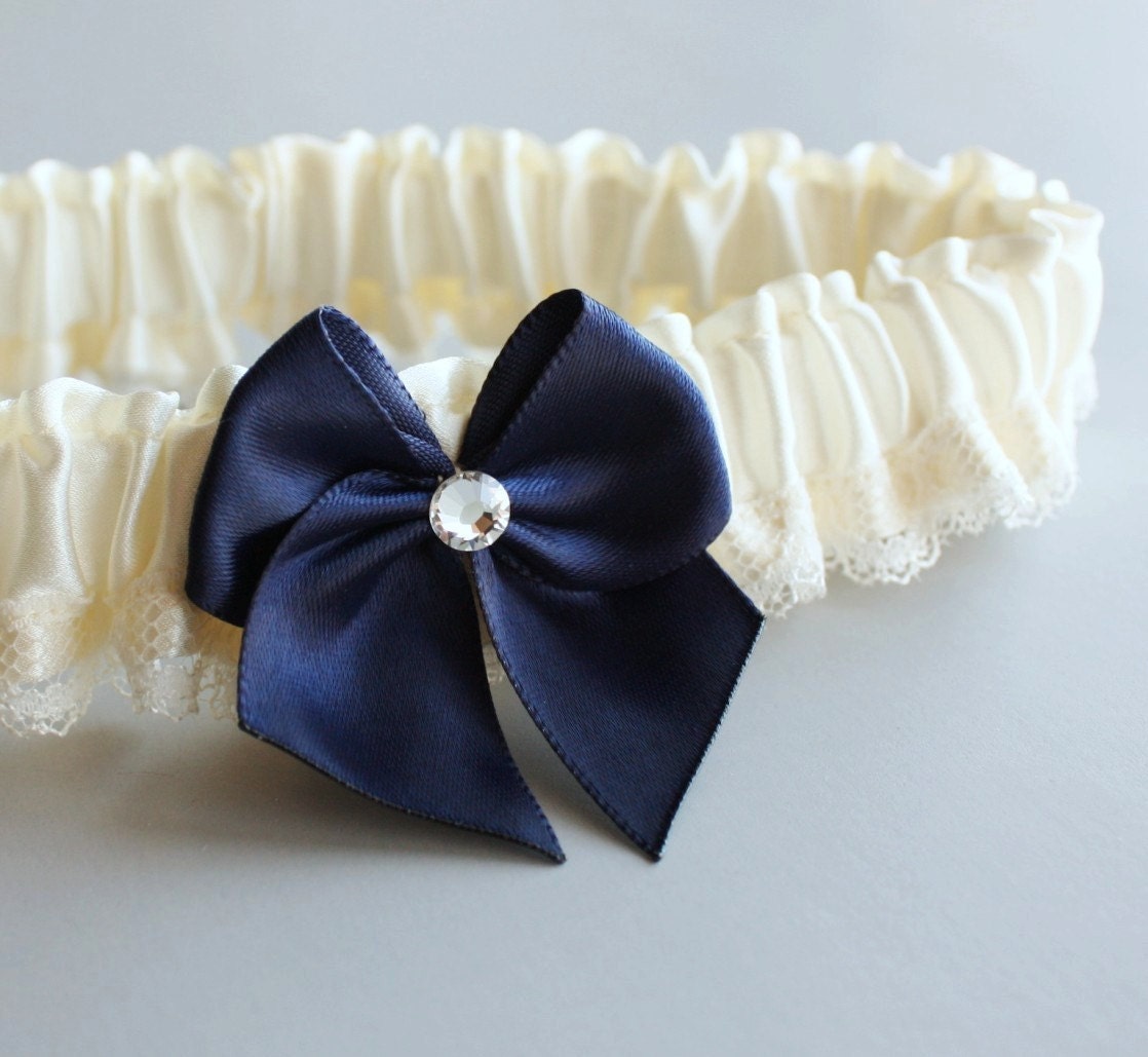 Simple Something Blue Silk & Lace Toss Garter -- Ivory and Navy Blue (Custom Colors Available)