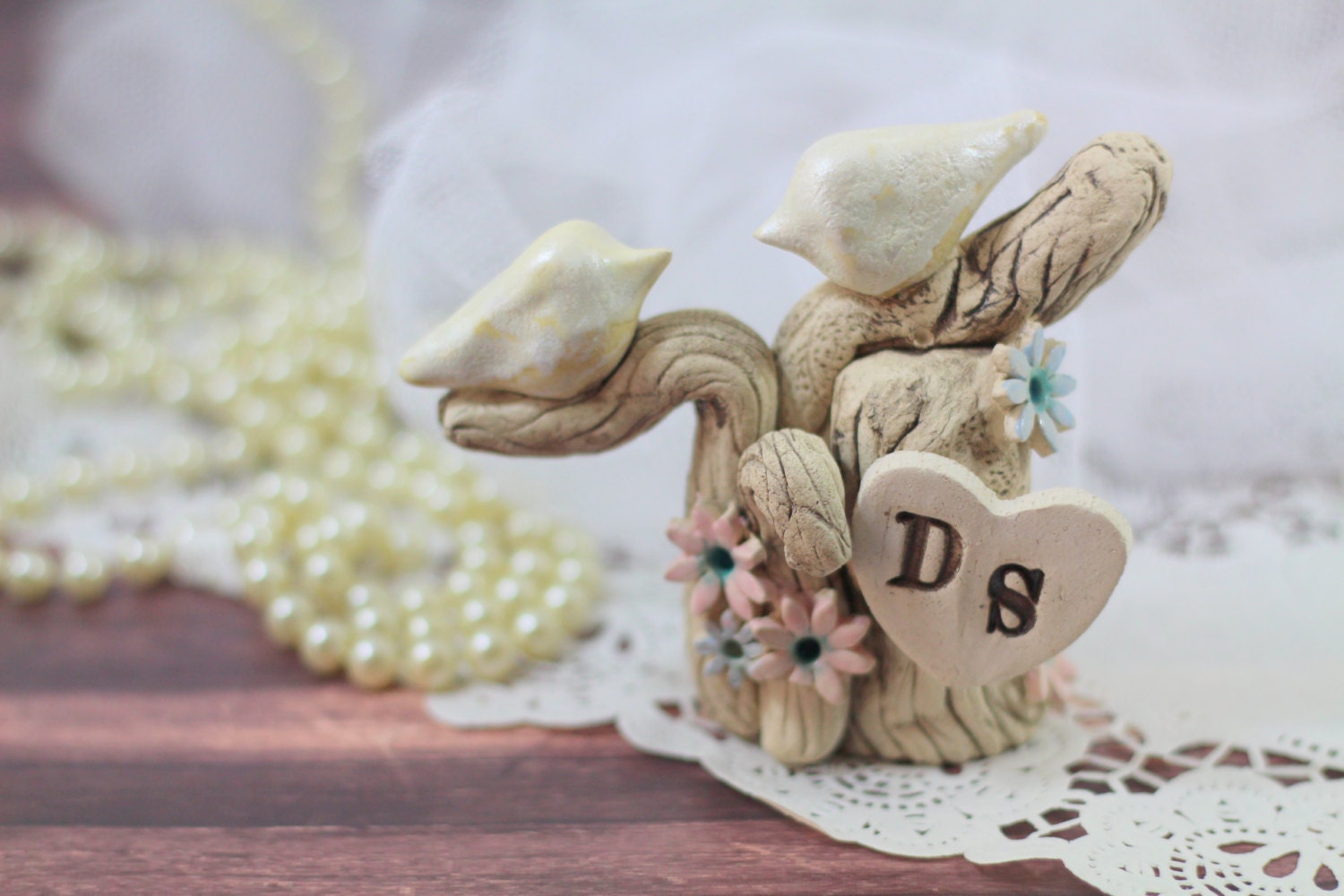 Wedding Cake Topper - Love Birds on Tree with your Initials