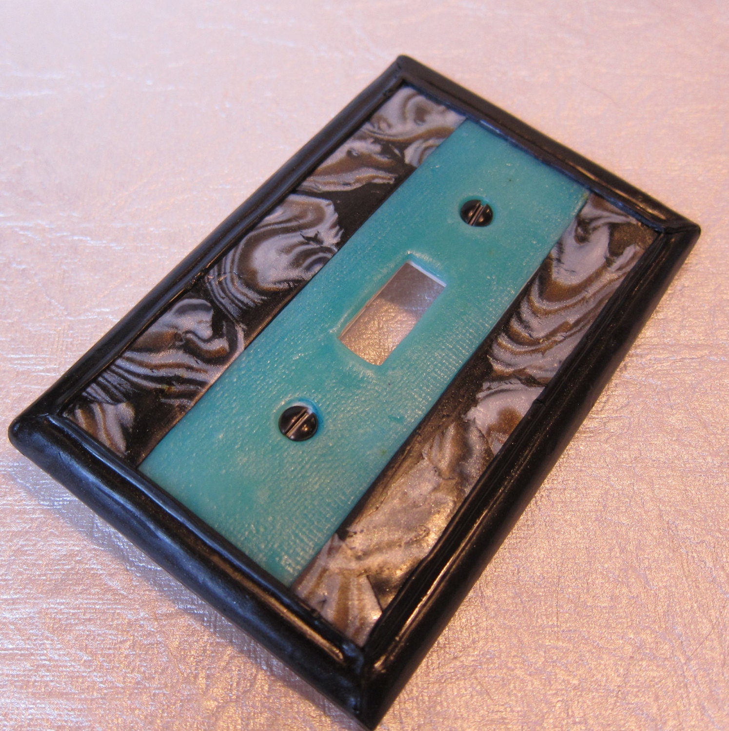 Art Deco aqua blue light switch plate cover with black mother of pearl framed bordersingle toggle