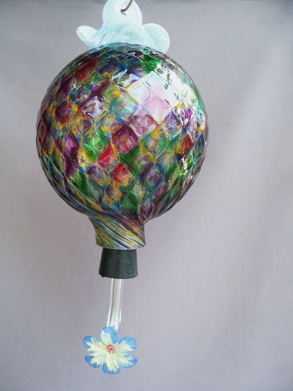 Hand Blown Art Glass Hummingbird Feeder