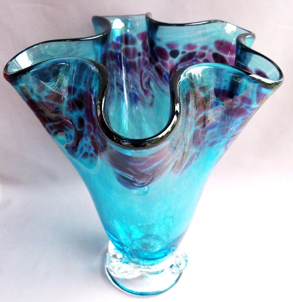 Hand Blown Glass Teal and Purple Wave Vase