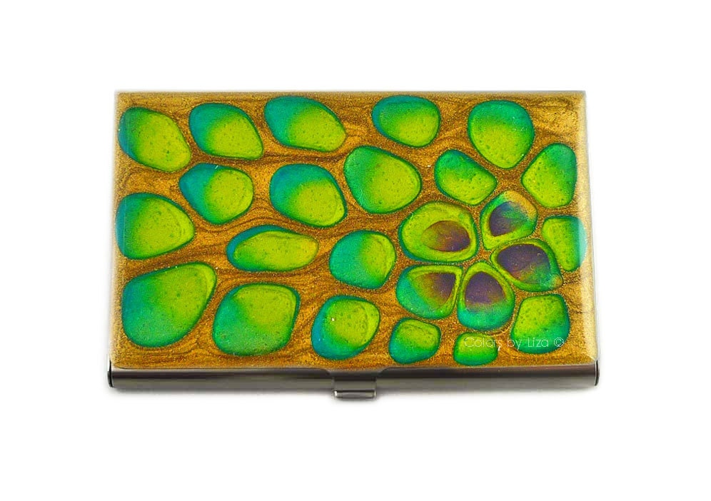 Metal Card Case Metal Wallet Gold Turquoise Peacock Inspired Business Card Case Hand Painted Enamel Finish