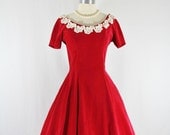 1950's Vintage Dress - Red Velvet Short Sleeve Full Skirt Party Frock