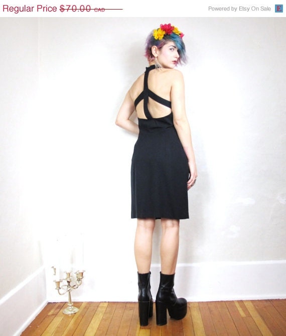 20% OFF VACATION SALE 80s Black Button Front Cage Cut Out Sexy Back Dress (M/L)
