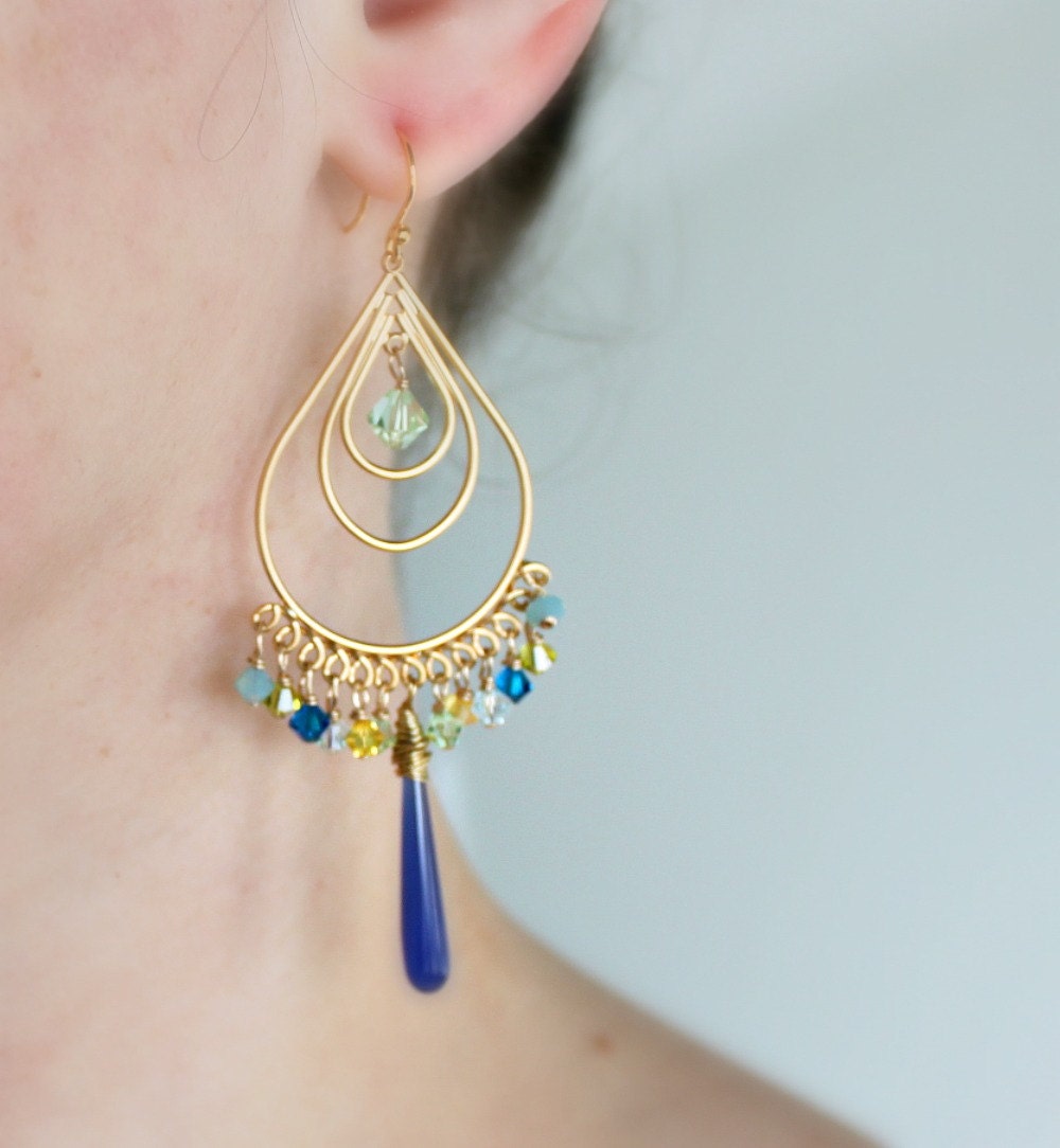 Gold Chandelier Earrings Blue Gemstone Earrings Crystal Statement Earrings, Ombre Jewelry, Monaco