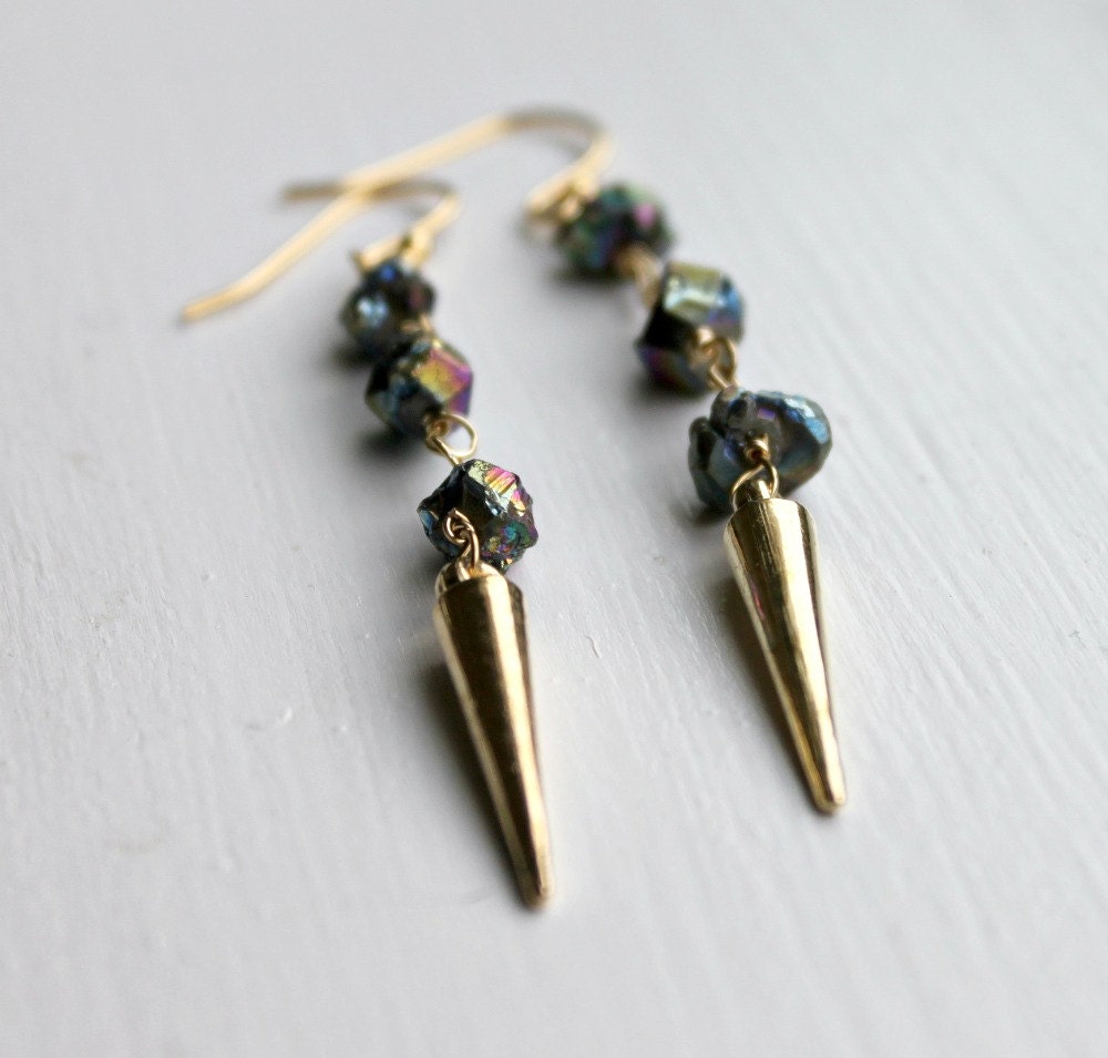 Rainbow Druzy Earrings Dangle Earrings Gold Spike Earrings Edgy Modern Jewelry, Titanium