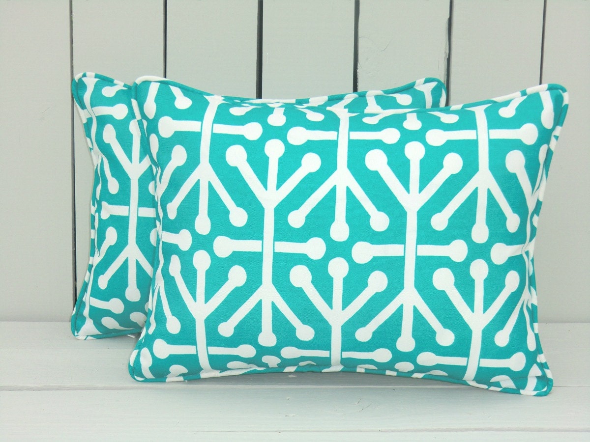 Turqoise outdoor lumbar cover, aqua pillow cover 16x12, small chair pillow, turquoise outdoor cushion, trellis outdoor lumbar, lounge pillow