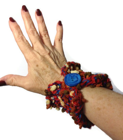 Hand Knit Cuff/Bracelet Brown Red Beige Blue