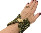 Hand Knit Cuff/Bracelet Olive Green Gold