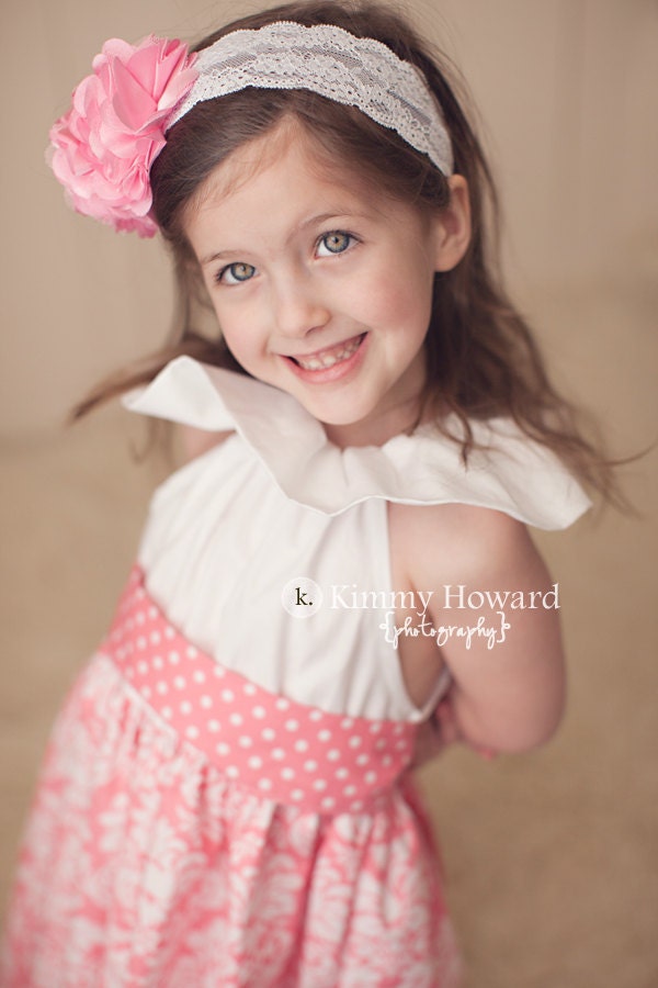 Pink Sherbert Ruffle neck Peasant Dress with Sash / Sizes 6m, 12m, 18m, 2t, 3t, 4t, 5t