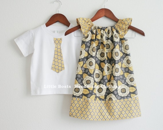 Brother / Sister SET ... Aviary in yellow and gray Flutter sleeves Dress & Matching Neck Tie Applique Boys SHORT sleeves T-shirts or Onesie