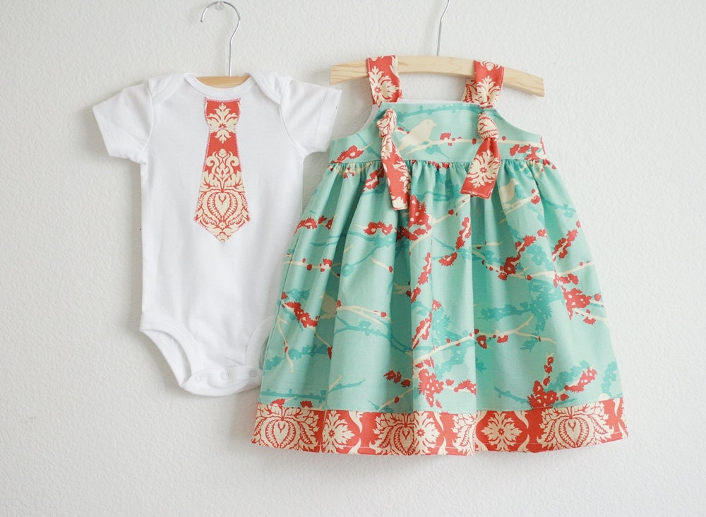 Brother / Sister SET ... Aviary in Aqua/Coral Knot Dress & Matching Neck Tie Applique Boys SHORT sleeves T-shirts or Onesie